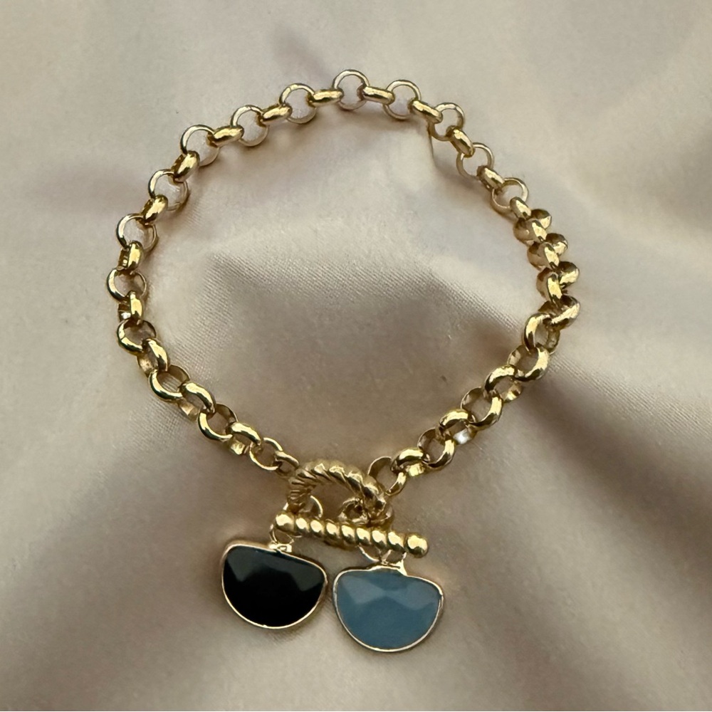 18k Gold Plated Stainless Steel Toggle Clasp Bracelet with Two Gemstone Charms - Picture 3 of 6